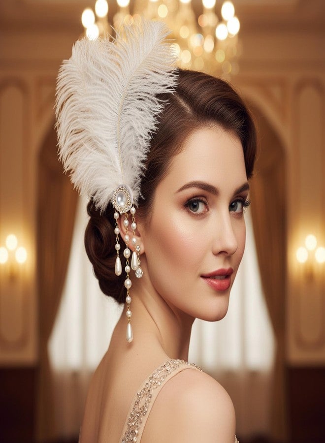 Suncalla 2 Pcs Women Victorian Hair Accessories Includes Ostrich Feather and Pearl Tassel Barrette Clip for 18th Century Renaissance Queen Blonde Beehive Cosplay Decor(White) - Image 5